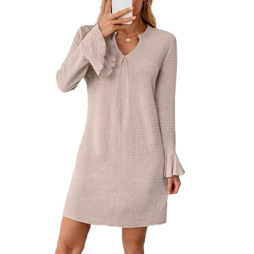 Women's Notched V-neck Flared Sleeves Long Sleeve Fashion Dress