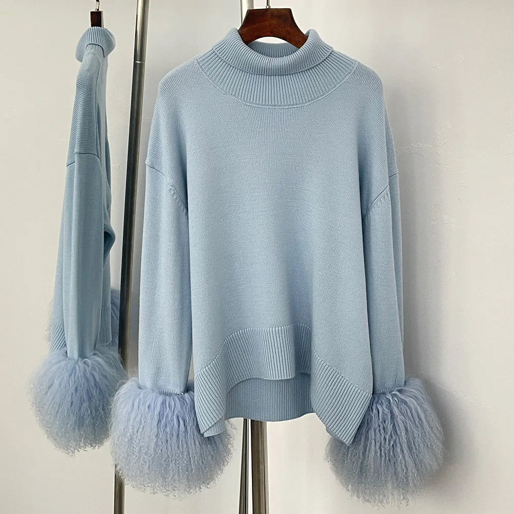 ZMEENNA Women's Elegant High Neck Knit Sweater With Luxurious Faux Fur Cuffs Cozy Long Sleeve Chic Winter Warmth ZM3417