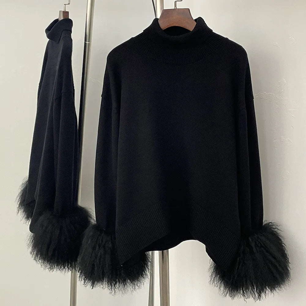 ZMEENNA Women's Elegant High Neck Knit Sweater With Luxurious Faux Fur Cuffs Cozy Long Sleeve Chic Winter Warmth ZM3417