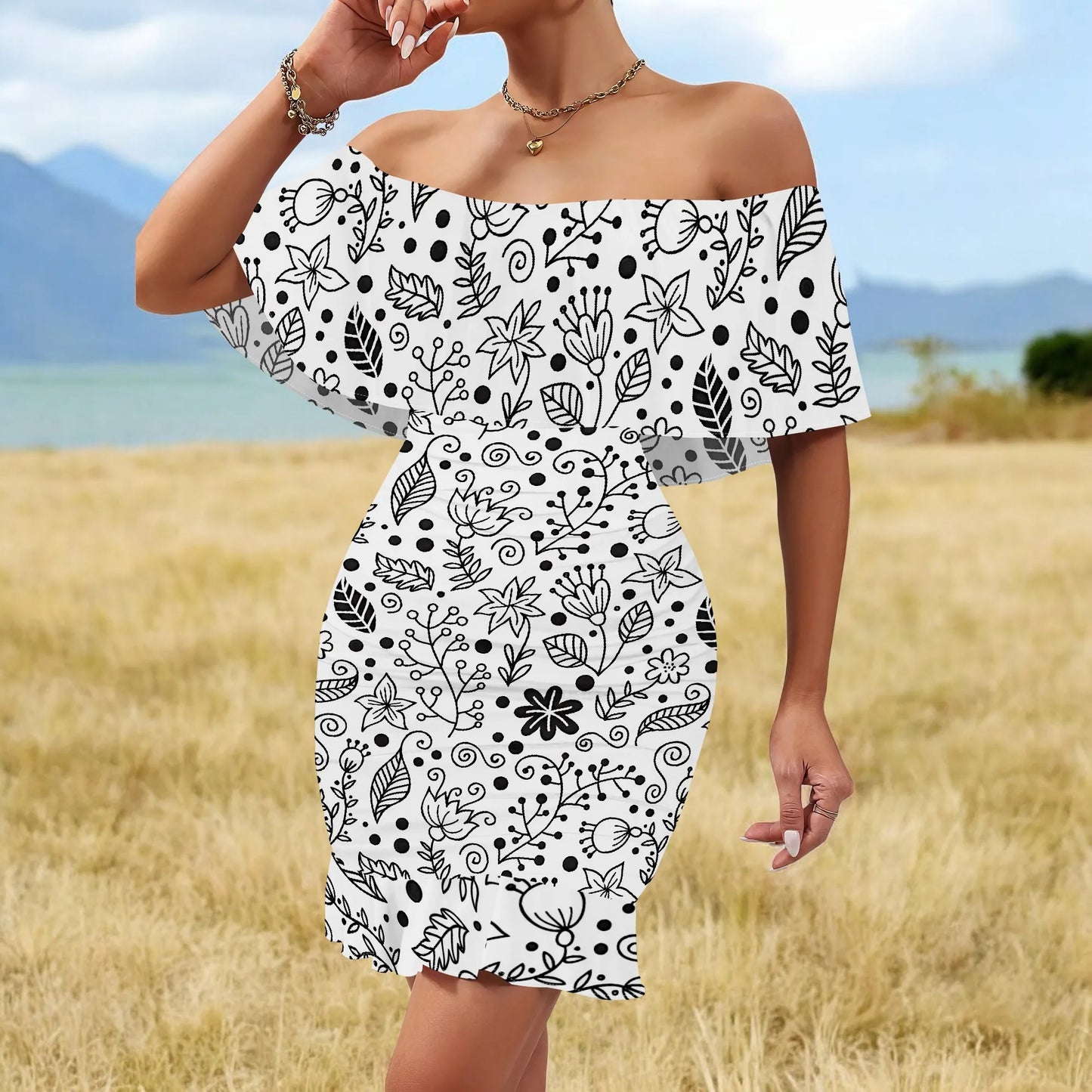 Women's 2025 Spring/Summer New Customized Casual Loose Swinging Collar Shoulder Printed Flower Strap Dress