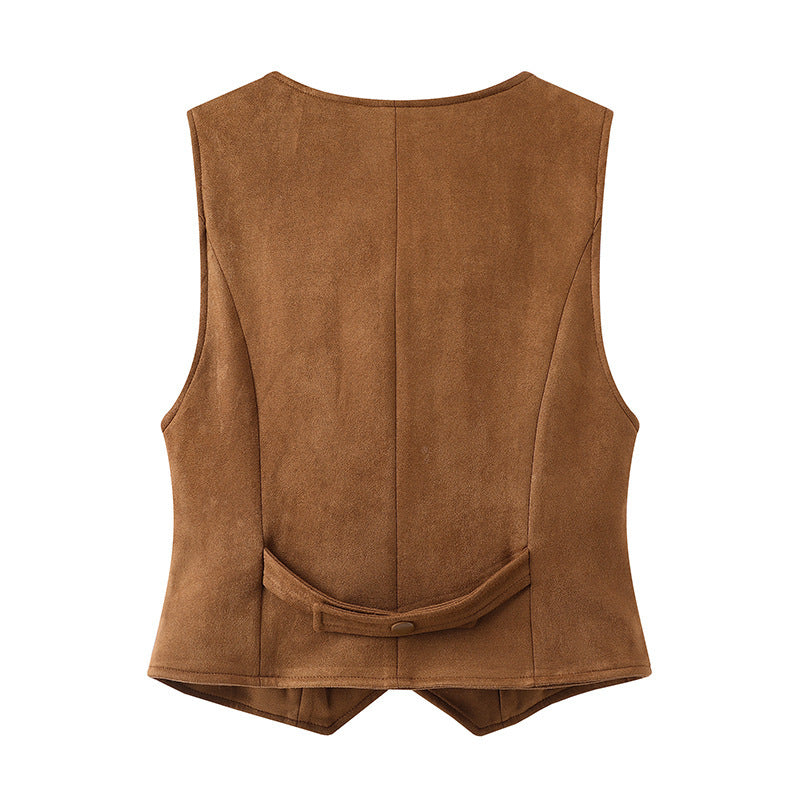 Spring New V-neck Design All-match Suede Short Vest Jacket Women