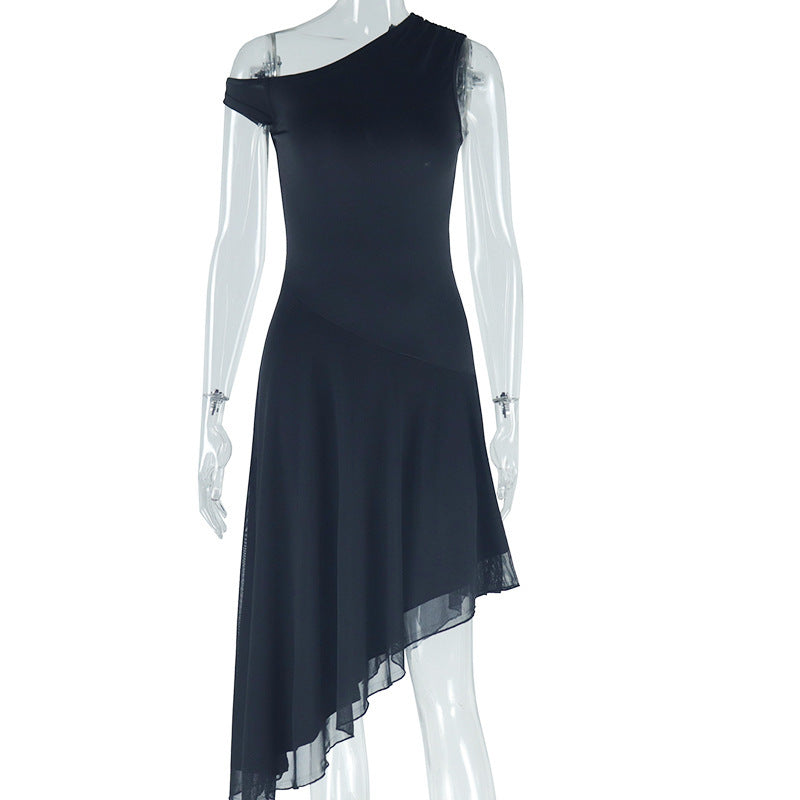 Fashion Solid Color Diagonal Collar Off Shoulder Sleeveless Irregular Dress