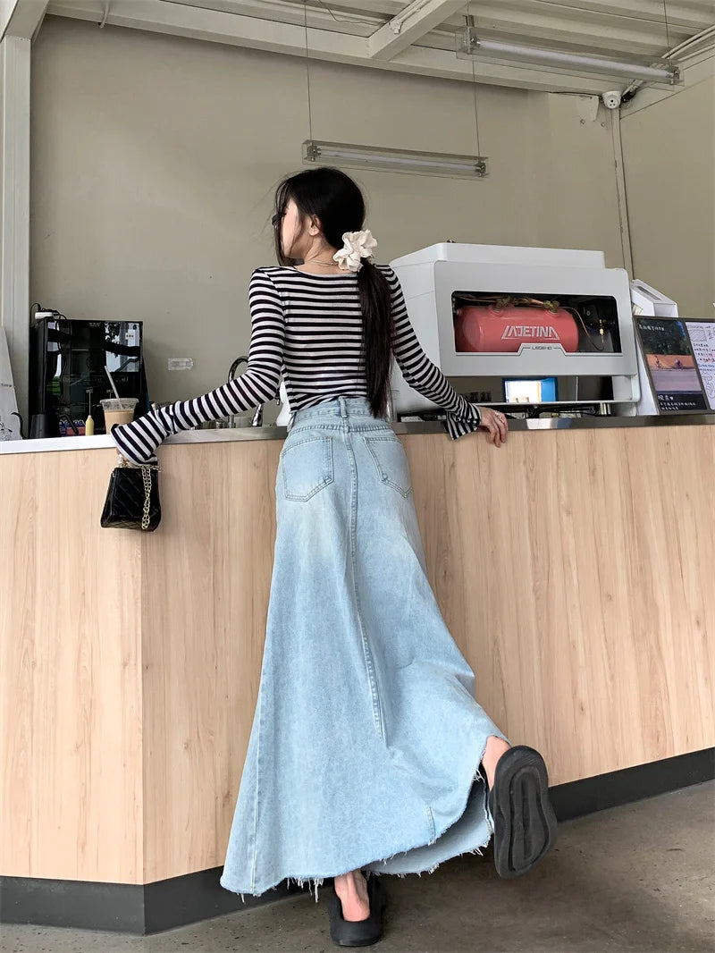 2025 Trend Women's Y2K Jeans Skirt - Light Blue High Waist Denim Maxi Skirt Retro Coquette Street Style