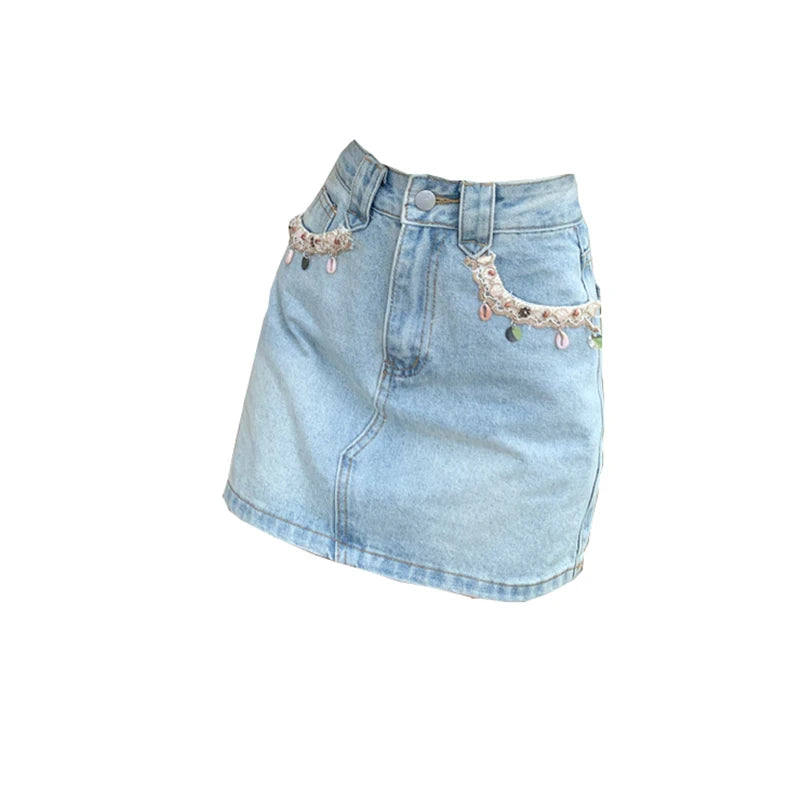 2025 Trend Women's Y2K Jeans Skirt - Dongdaemun Style Chain Detail High Waist Blue Denim A-Line Skirt Slimming Versatile 2682