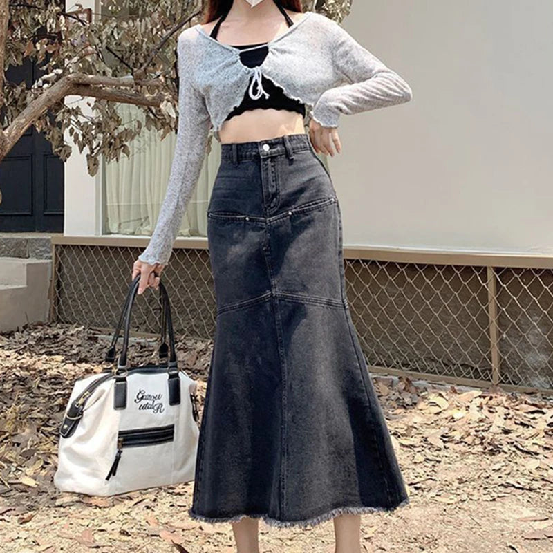 Vintage Women Denim Skirts Loose Casual High Waist Raw Edges Tassel Midi Skirt Korean Patchwork Button Elegant Mermaid Skirts