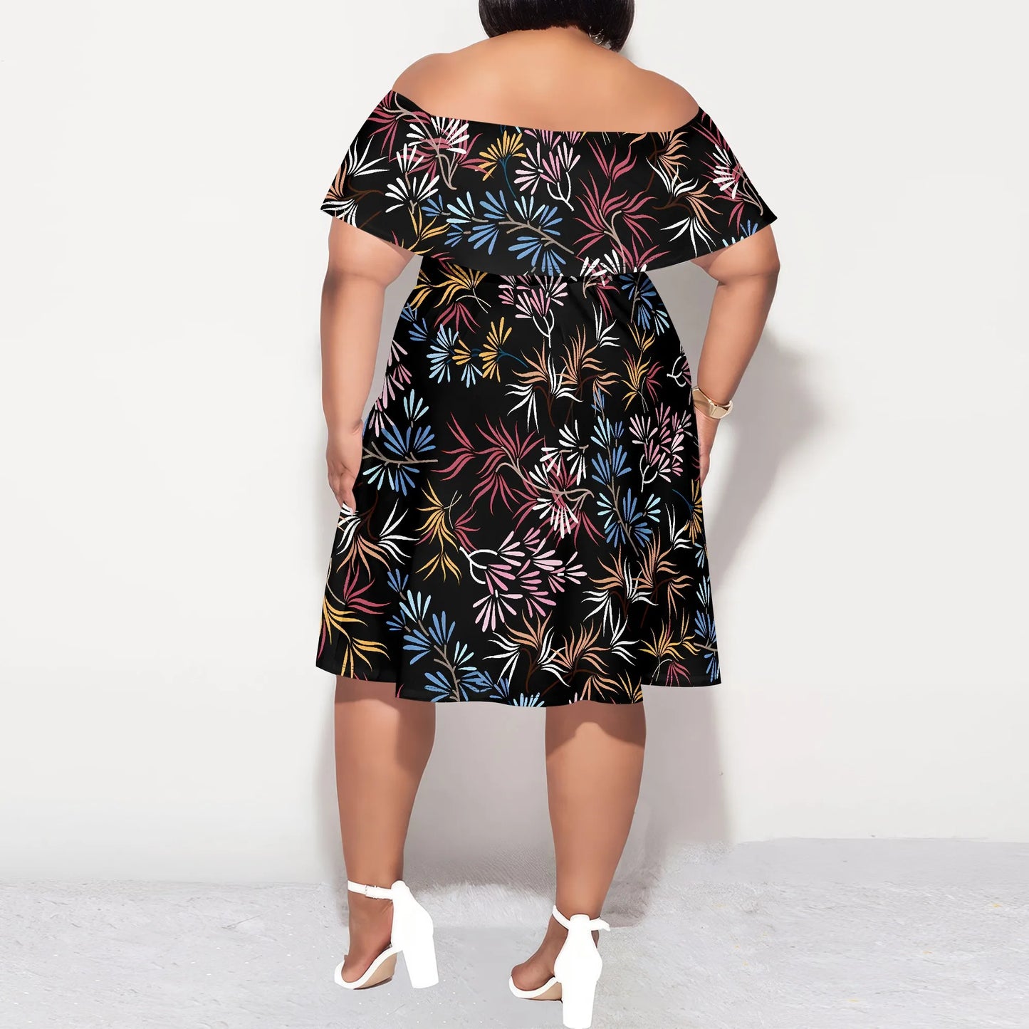 Plus Size Off Shoulder Short Sleeve Midi Dress Fireworks Print Black Elegant Casual Summer Vacation Dress for Women