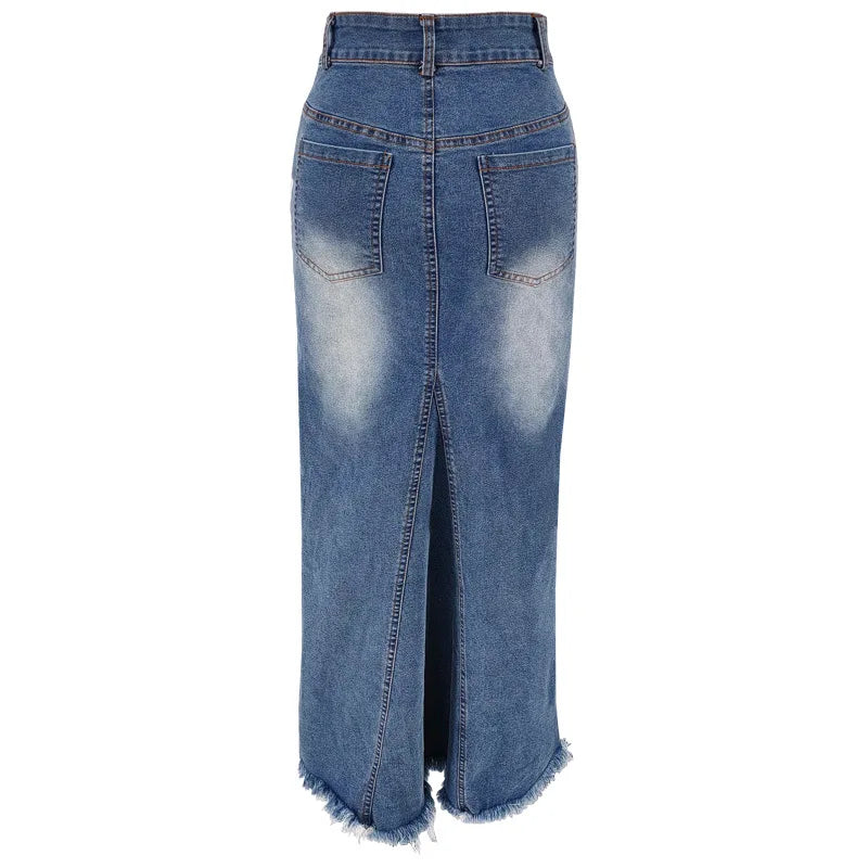 Benuynffy Vintage Hip Wrap Mermaid Hem Denim Skirt Women's 2025 Spring Summer High Waist Y2k Casual Raw Hem Jean Long Skirts