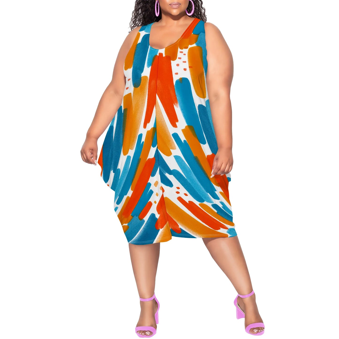 Women's Summer Sexy Sleeveless Loose Plus Size Dress Fashion Printed Beach Party Dress Casual Vacation Midi Dress