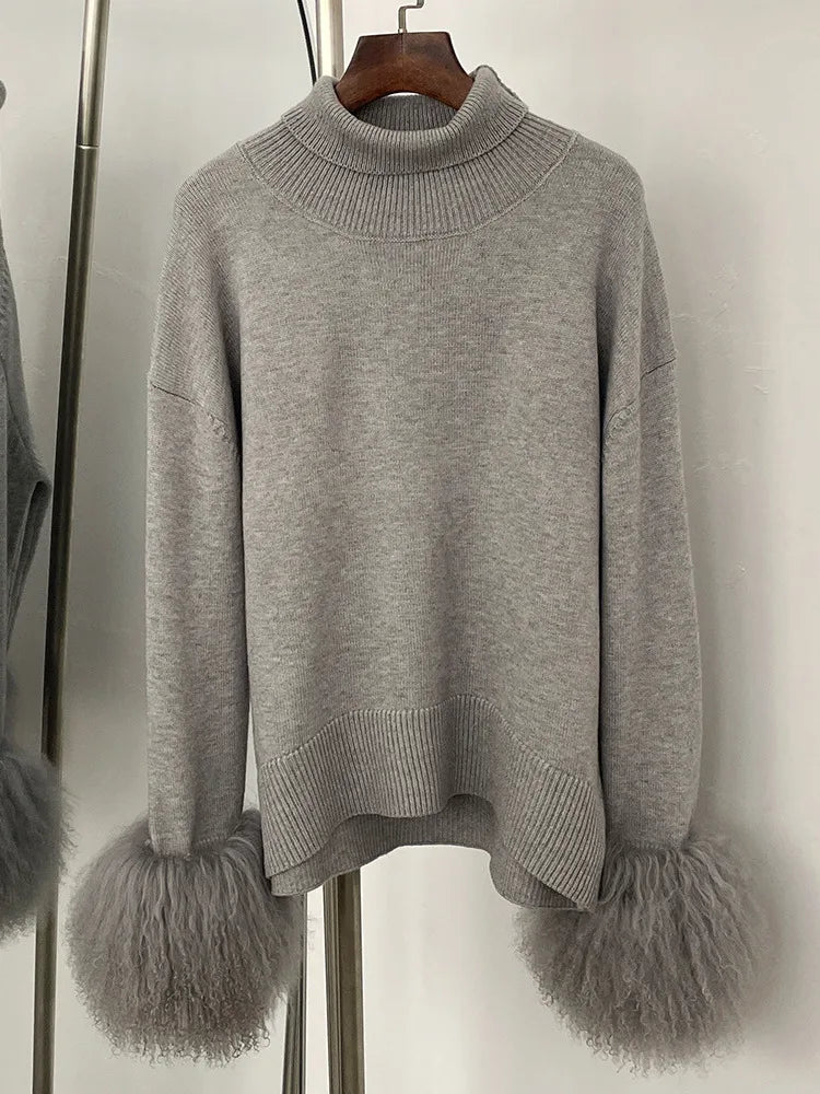 ZMEENNA Women's Elegant High Neck Knit Sweater With Luxurious Faux Fur Cuffs Cozy Long Sleeve Chic Winter Warmth ZM3417