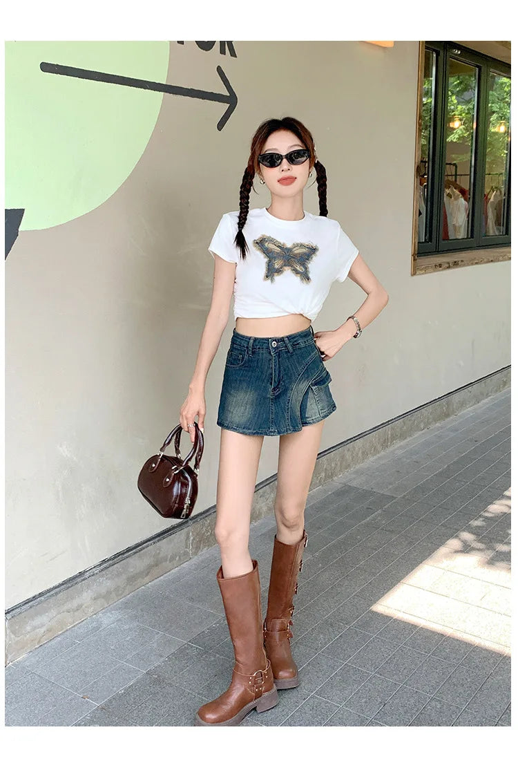 Denim Skirts Women Washed Skirt Shorts Spliced High Waist Zipper Fly Wrap Buttocks Distressed Patchwork Above Mini Basics