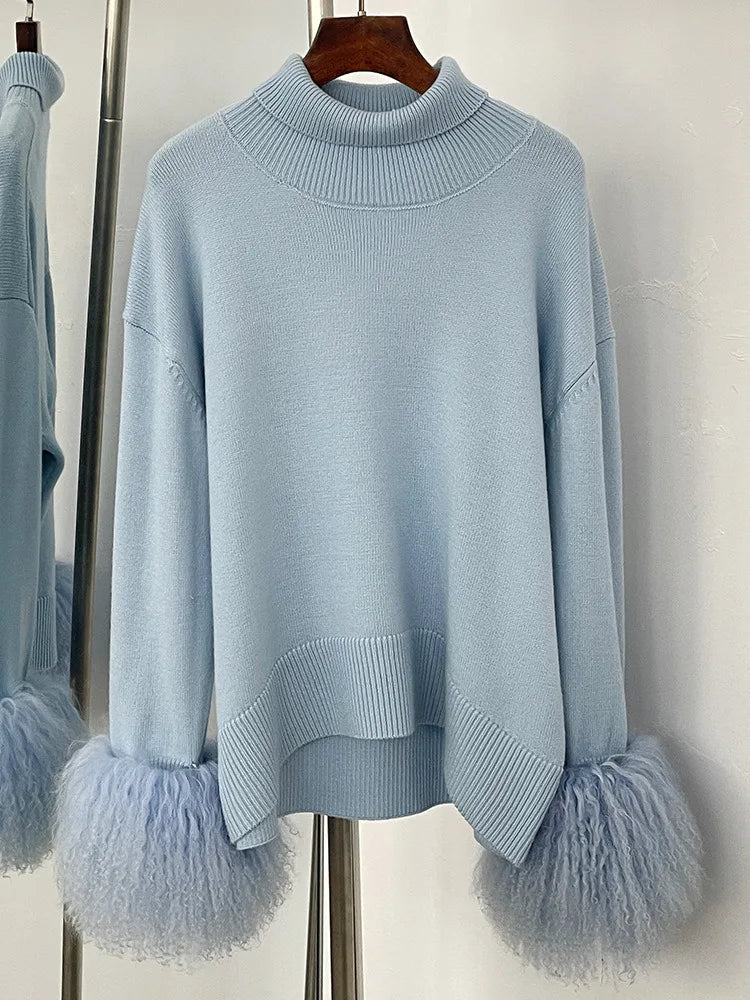 ZMEENNA Women's Elegant High Neck Knit Sweater With Luxurious Faux Fur Cuffs Cozy Long Sleeve Chic Winter Warmth ZM3417