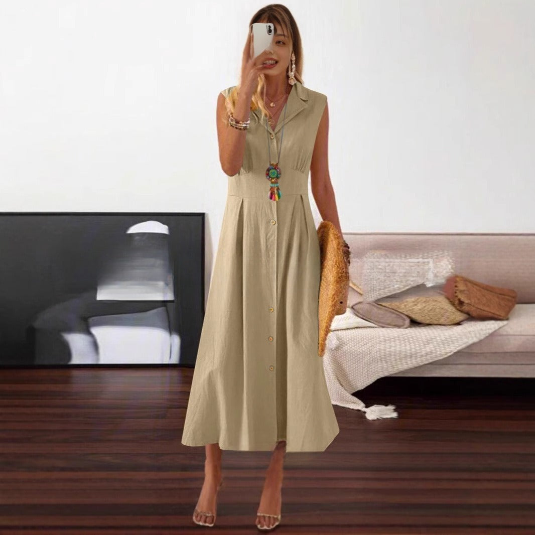 Women's Plus Size Sleeveless Lapel Button Cotton And Linen Dress