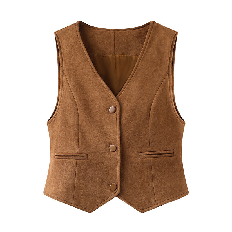 Spring New V-neck Design All-match Suede Short Vest Jacket Women