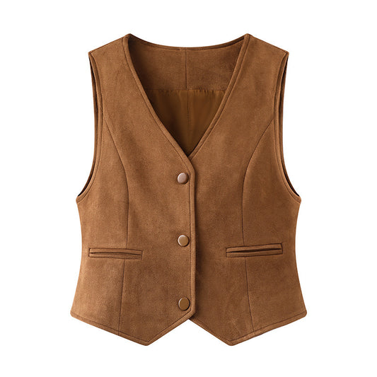 Spring New V-neck Design All-match Suede Short Vest Jacket Women