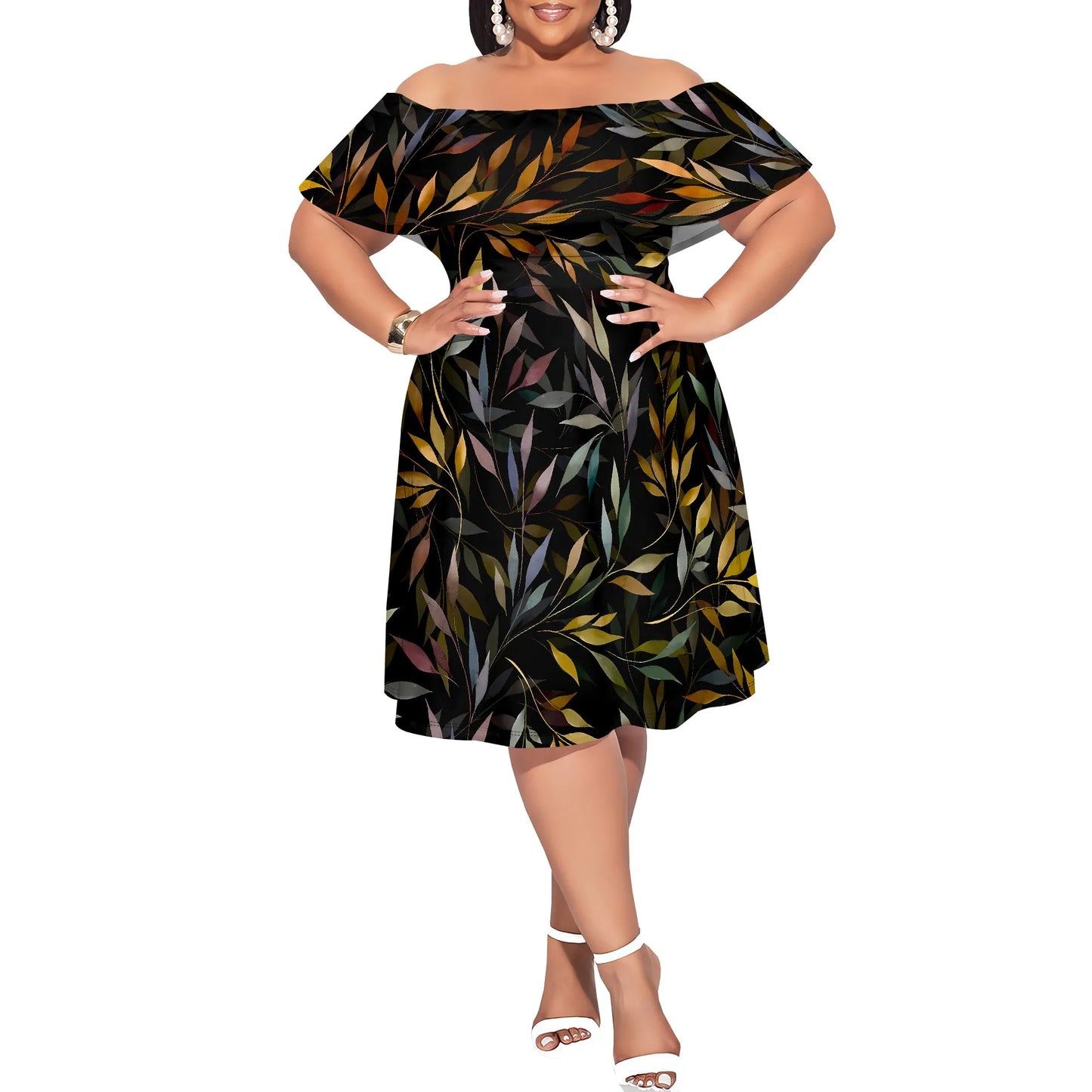 Plus Size Off Shoulder Short Sleeve Midi Dress Fireworks Print Black Elegant Casual Summer Vacation Dress for Women