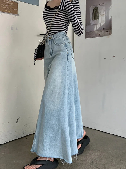 2025 Trend Women's Y2K Jeans Skirt - Light Blue High Waist Denim Maxi Skirt Retro Coquette Street Style