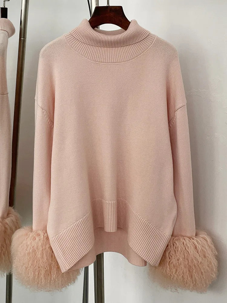 ZMEENNA Women's Elegant High Neck Knit Sweater With Luxurious Faux Fur Cuffs Cozy Long Sleeve Chic Winter Warmth ZM3417
