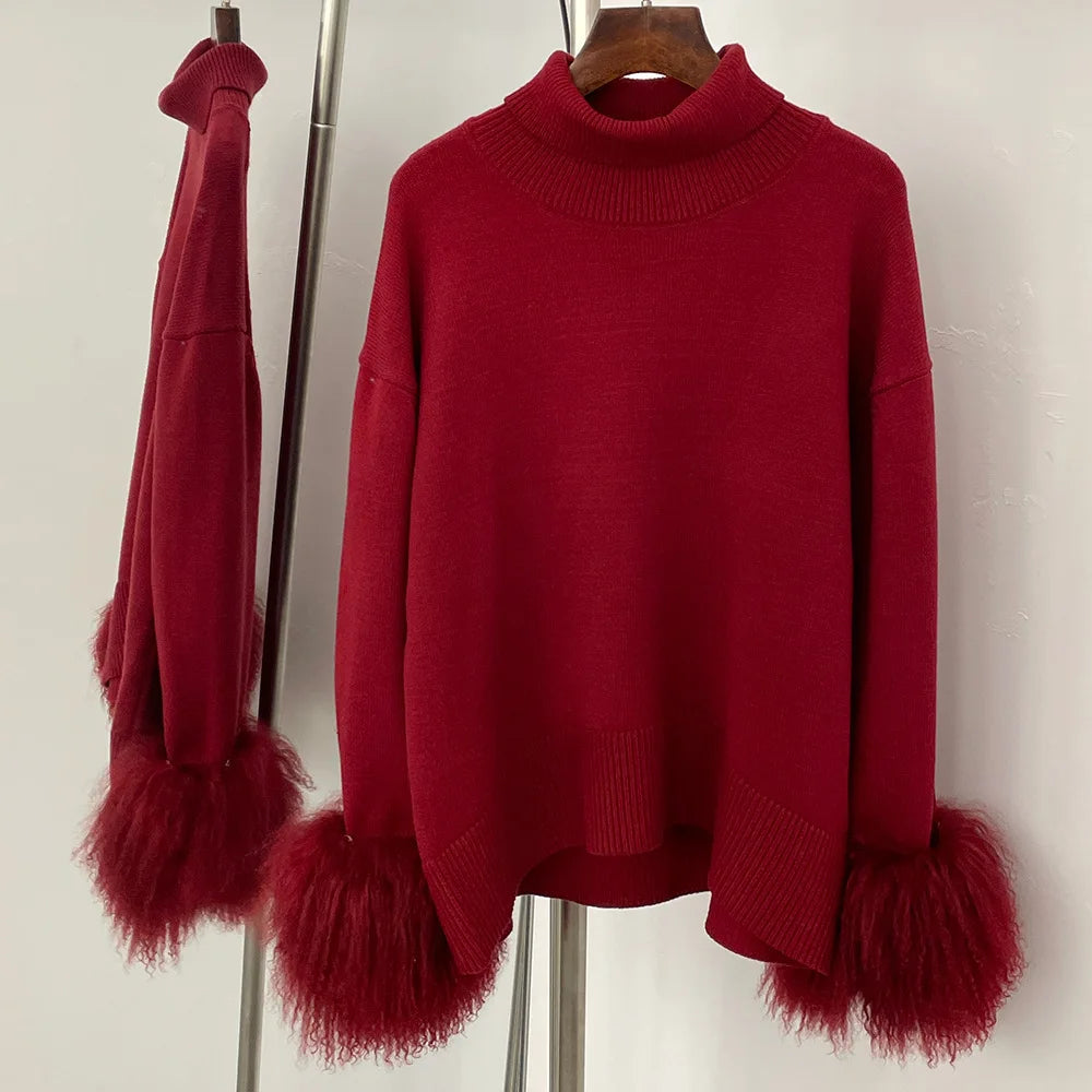 ZMEENNA Women's Elegant High Neck Knit Sweater With Luxurious Faux Fur Cuffs Cozy Long Sleeve Chic Winter Warmth ZM3417