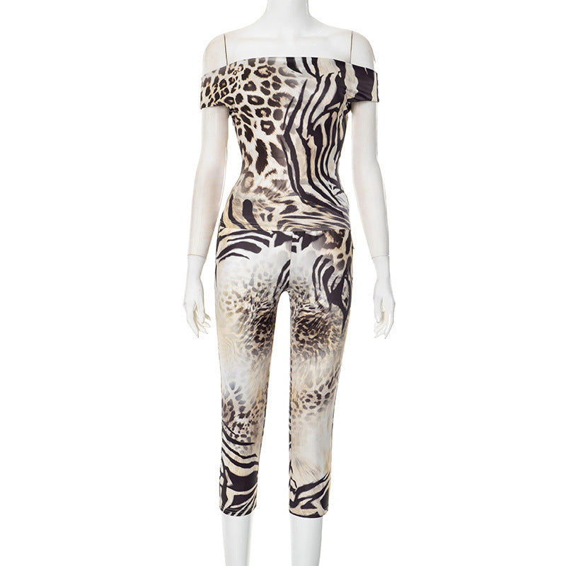 Sexy Off-neck Chest-wrapped Design Blouse Tight Cropped Pants Printing Suit