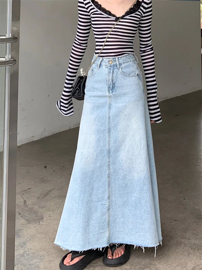 2025 Trend Women's Y2K Jeans Skirt - Light Blue High Waist Denim Maxi Skirt Retro Coquette Street Style