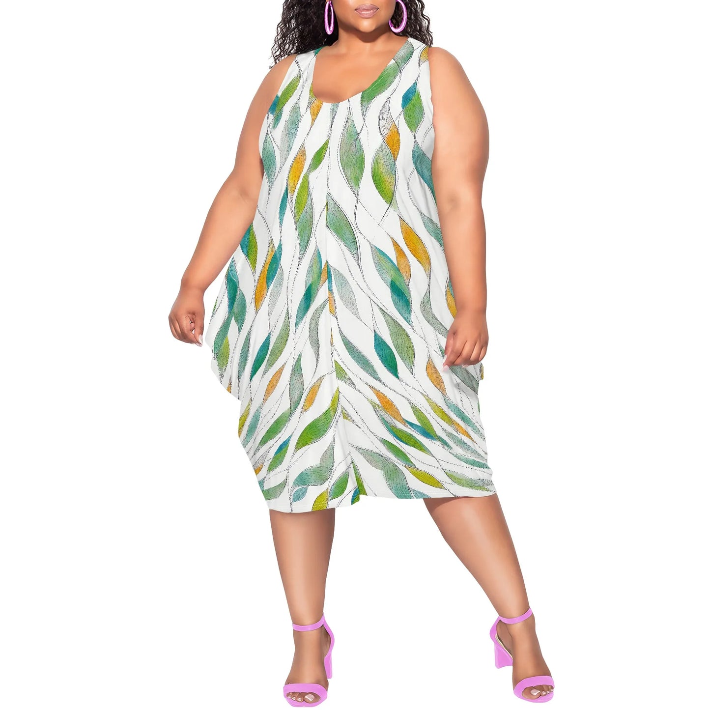 Women's Summer Sexy Sleeveless Loose Plus Size Dress Fashion Printed Beach Party Dress Casual Vacation Midi Dress