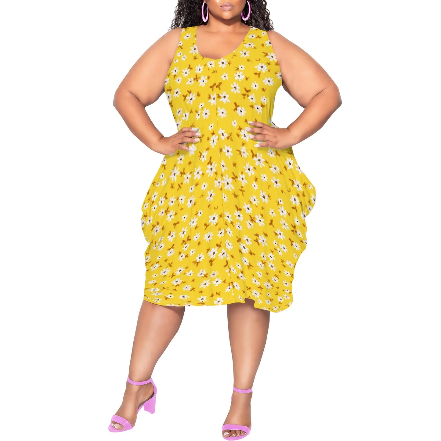 Women's Summer Sexy Sleeveless Loose Plus Size Dress Fashion Printed Beach Party Dress Casual Vacation Midi Dress