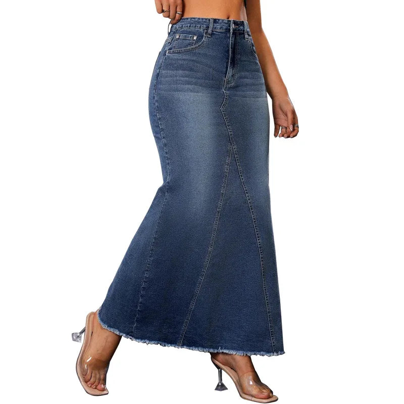Benuynffy Vintage Hip Wrap Mermaid Hem Denim Skirt Women's 2025 Spring Summer High Waist Y2k Casual Raw Hem Jean Long Skirts