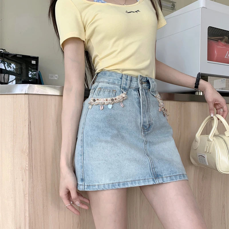 2025 Trend Women's Y2K Jeans Skirt - Dongdaemun Style Chain Detail High Waist Blue Denim A-Line Skirt Slimming Versatile 2682