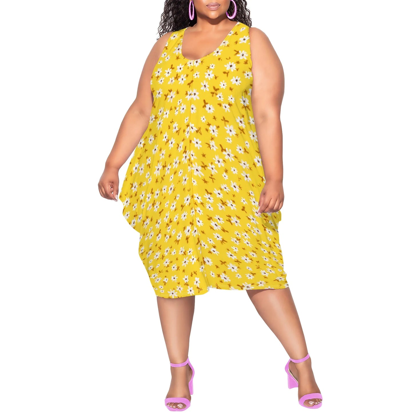 Women's Summer Sexy Sleeveless Loose Plus Size Dress Fashion Printed Beach Party Dress Casual Vacation Midi Dress