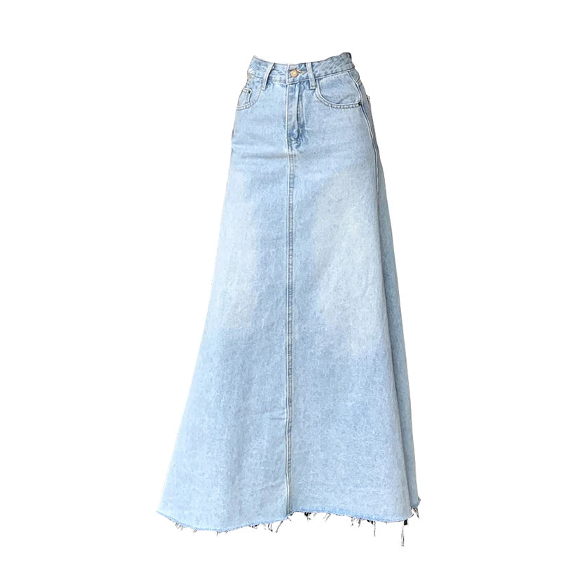 2025 Trend Women's Y2K Jeans Skirt - Light Blue High Waist Denim Maxi Skirt Retro Coquette Street Style