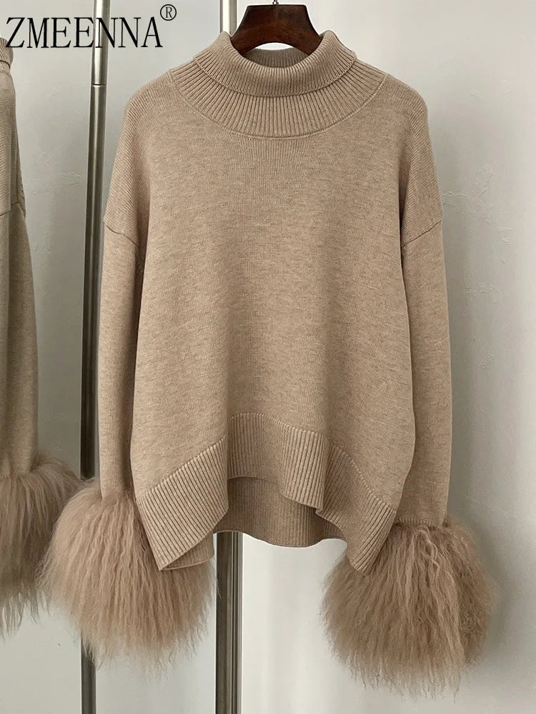 ZMEENNA Women's Elegant High Neck Knit Sweater With Luxurious Faux Fur Cuffs Cozy Long Sleeve Chic Winter Warmth ZM3417
