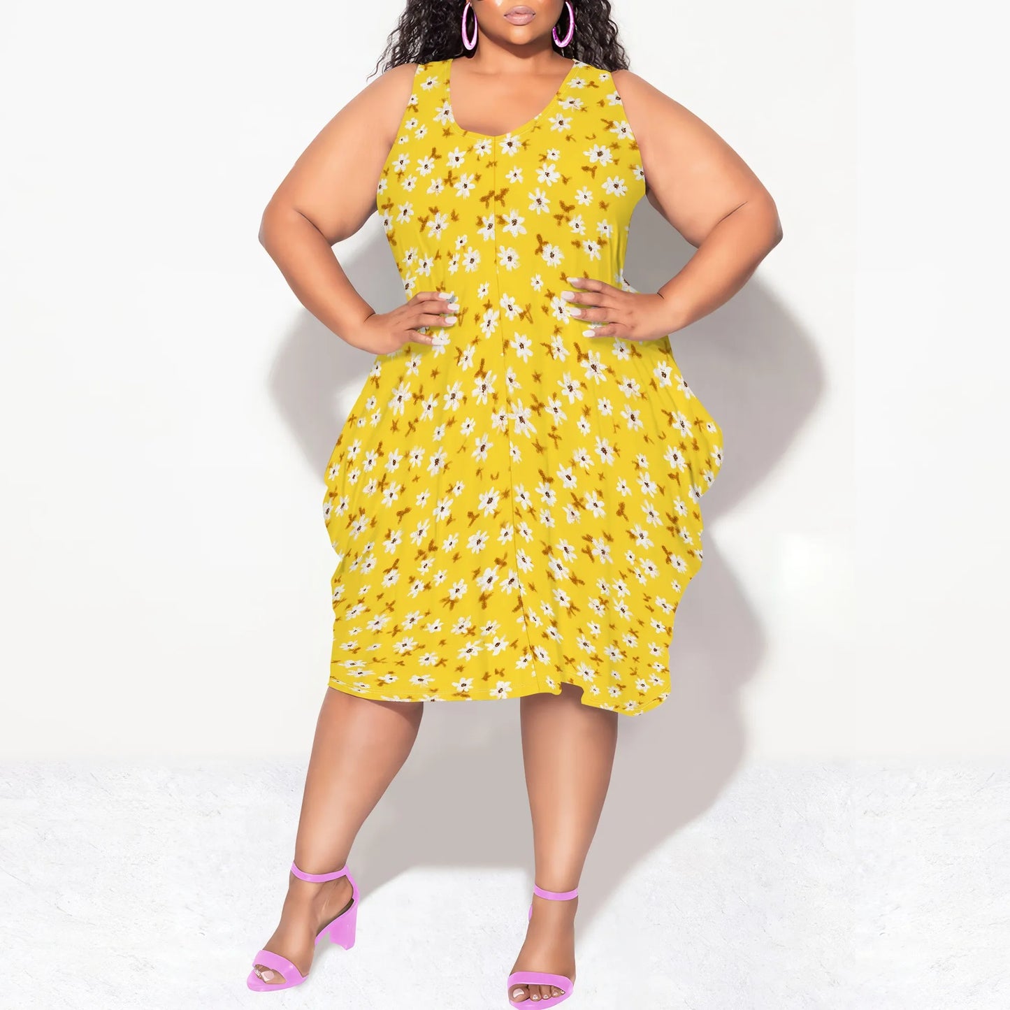 Women's Summer Sexy Sleeveless Loose Plus Size Dress Fashion Printed Beach Party Dress Casual Vacation Midi Dress