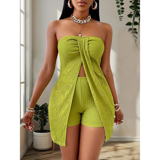 Women's 2 Piece Outfits Elegant Textured Strapless Ruched High Slit Tube Top And High Waist Skinny Shorts Shorts Set