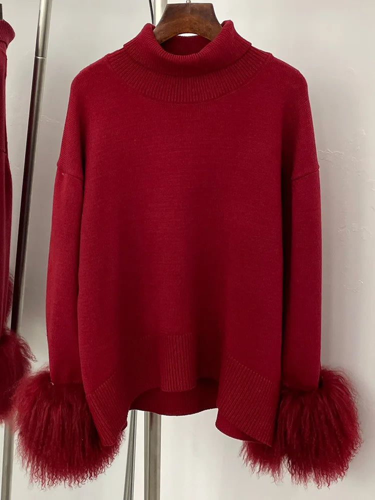 ZMEENNA Women's Elegant High Neck Knit Sweater With Luxurious Faux Fur Cuffs Cozy Long Sleeve Chic Winter Warmth ZM3417