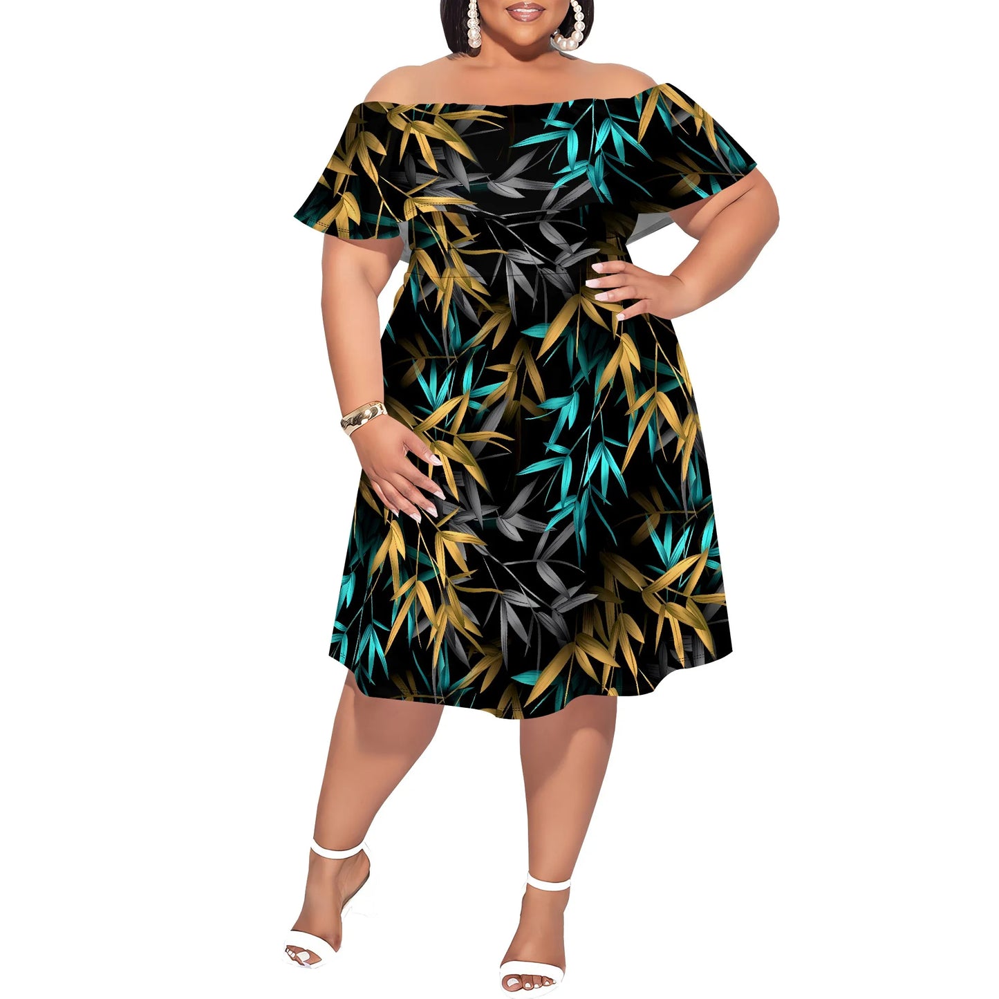 Plus Size Off Shoulder Short Sleeve Midi Dress Fireworks Print Black Elegant Casual Summer Vacation Dress for Women