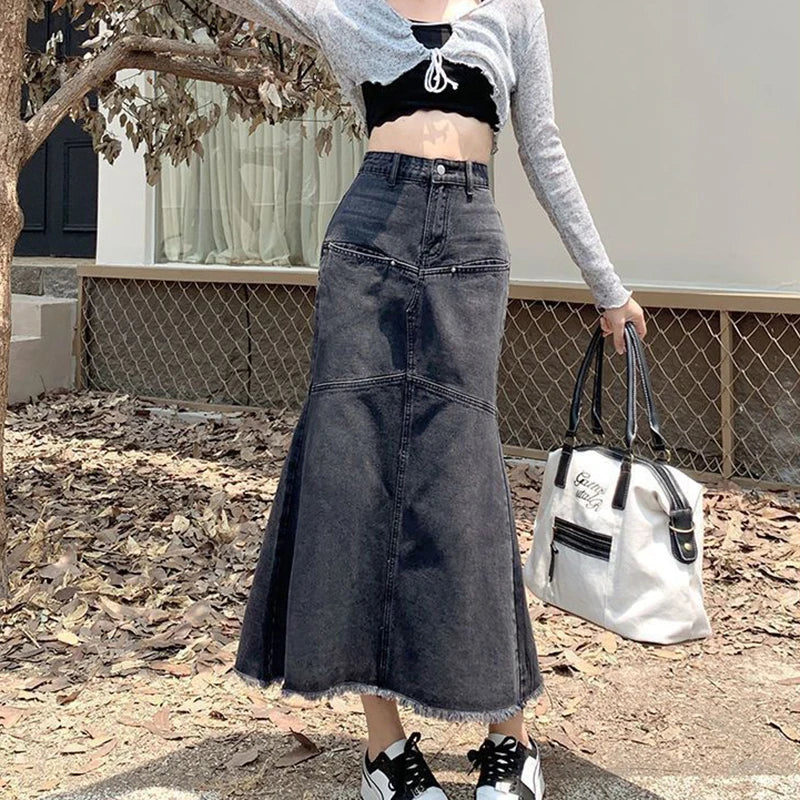 Vintage Women Denim Skirts Loose Casual High Waist Raw Edges Tassel Midi Skirt Korean Patchwork Button Elegant Mermaid Skirts