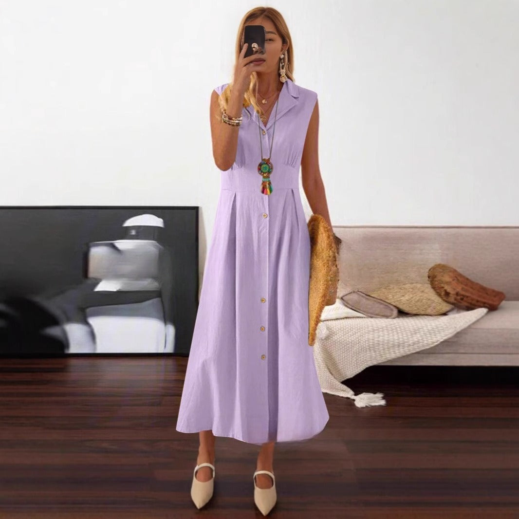 Women's Plus Size Sleeveless Lapel Button Cotton And Linen Dress