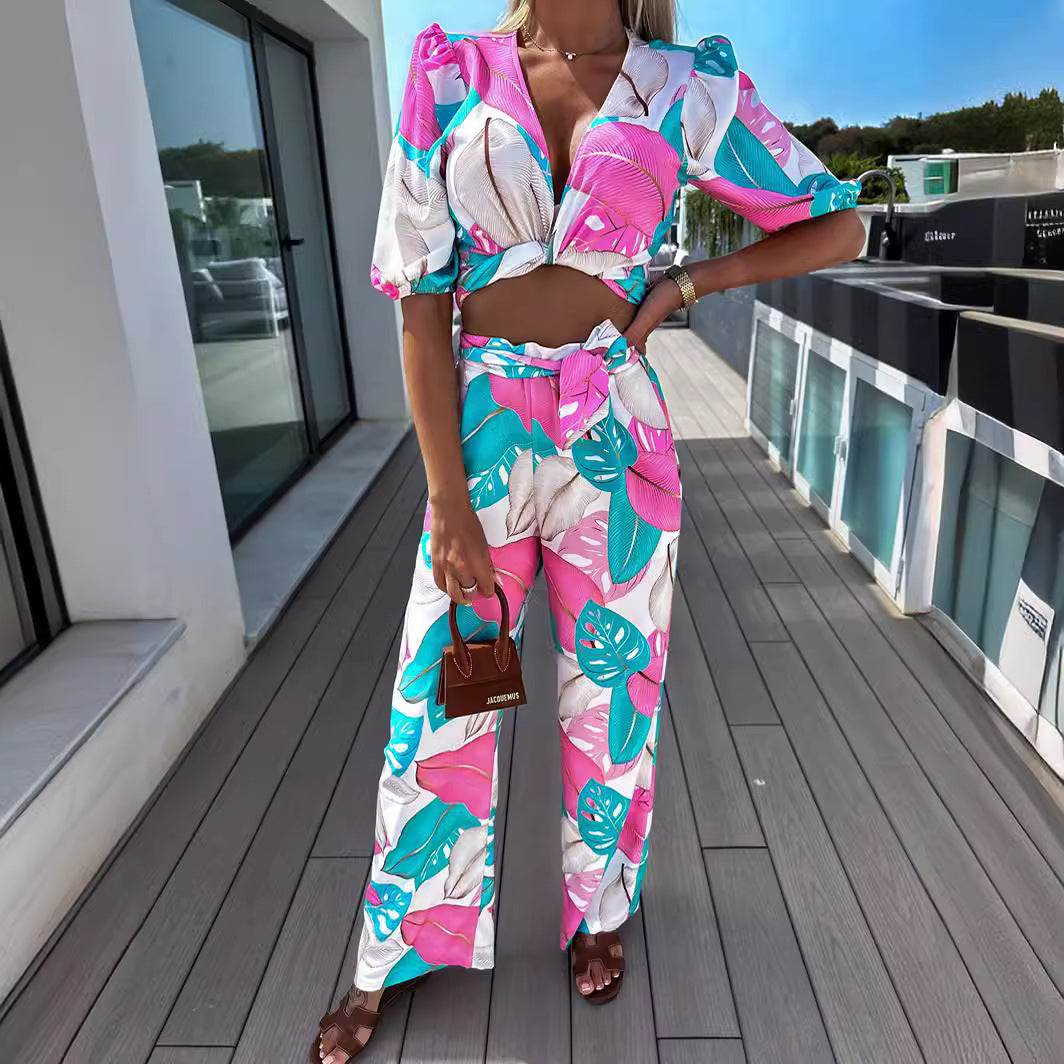 Short Sleeve Top Straight-leg Pants Suit Printed Two-piece Suit