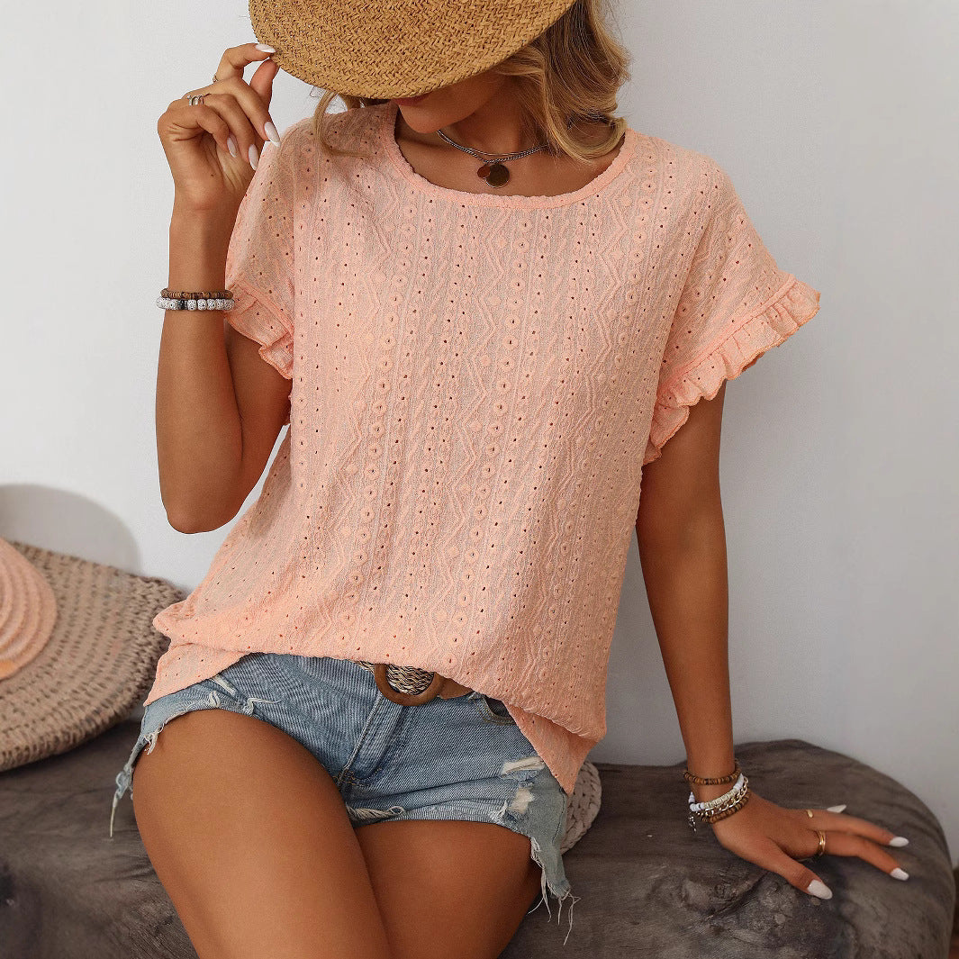 Solid Color Round Neck Sweet Short Sleeve T-shirt Hollow Top