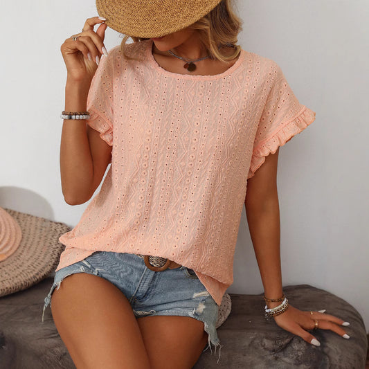 Solid Color Round Neck Sweet Short Sleeve T-shirt Hollow Top