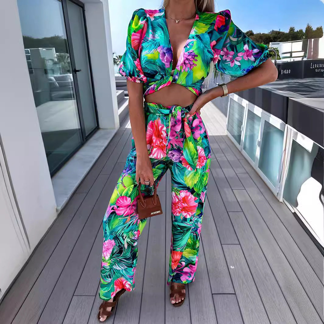 Short Sleeve Top Straight-leg Pants Suit Printed Two-piece Suit