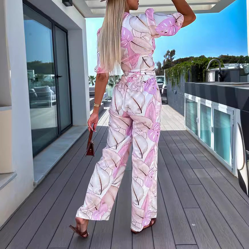 Short Sleeve Top Straight-leg Pants Suit Printed Two-piece Suit