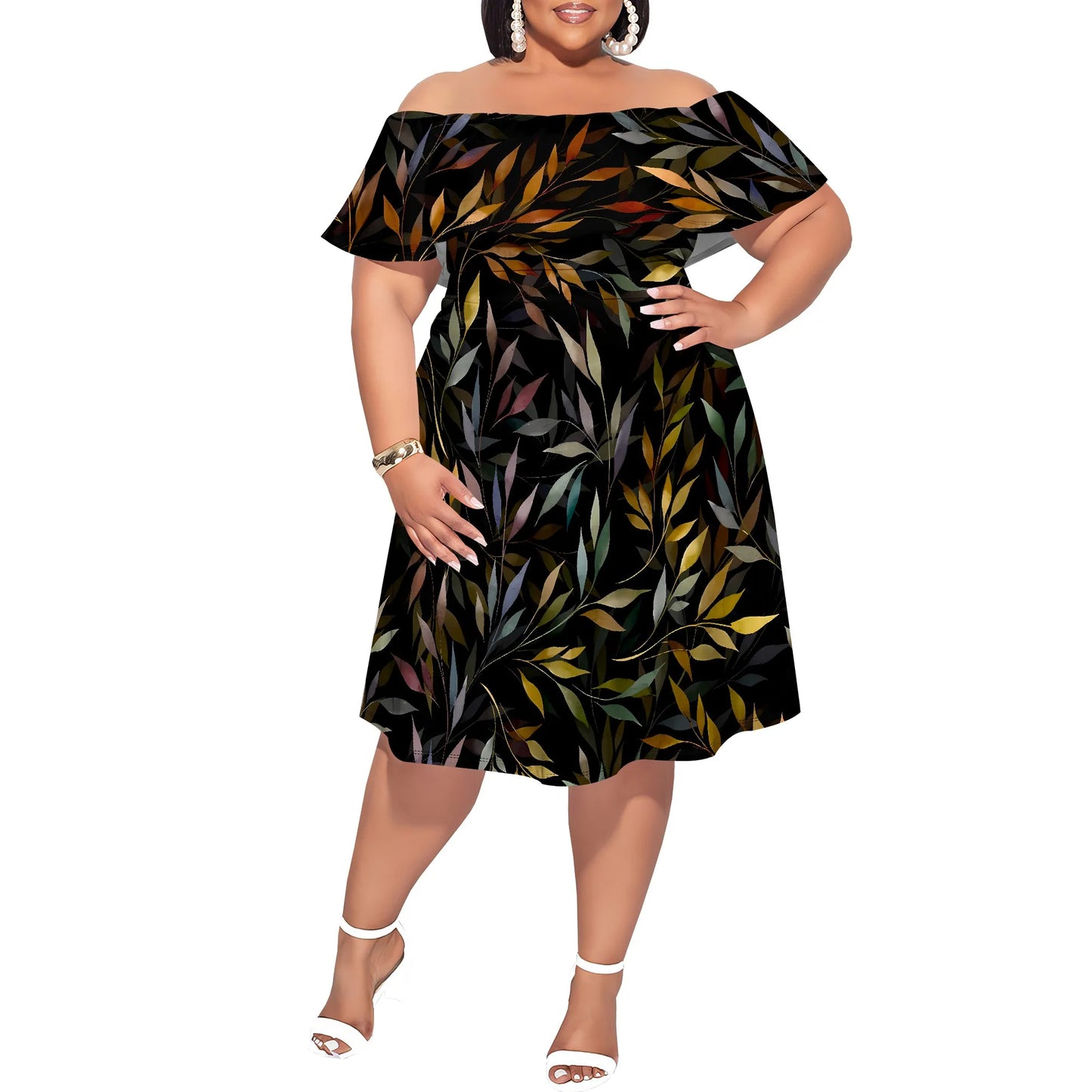 Plus Size Off Shoulder Short Sleeve Midi Dress Fireworks Print Black Elegant Casual Summer Vacation Dress for Women