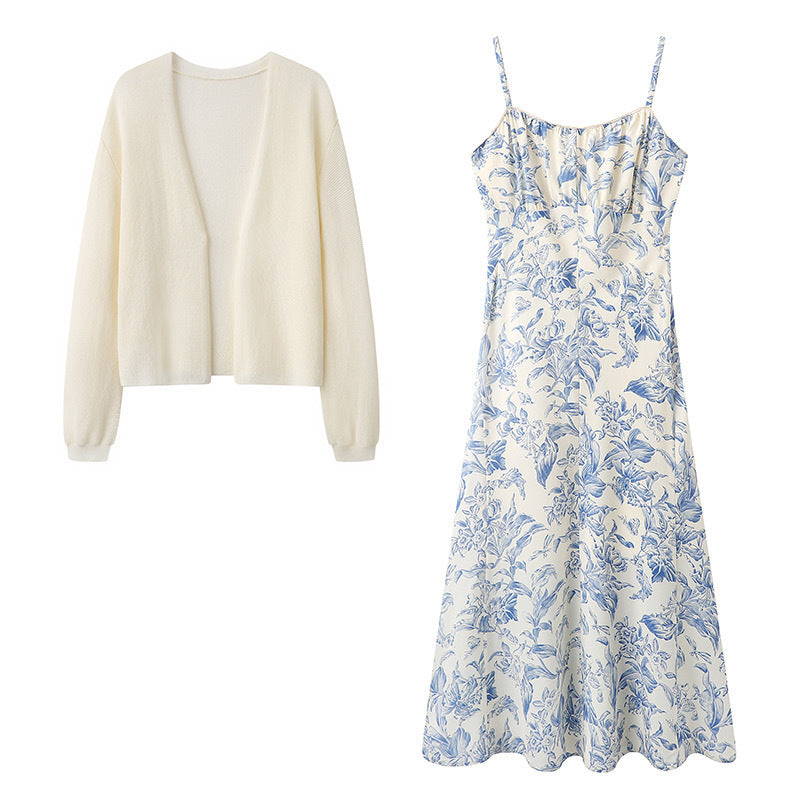 Vacation Floral Slip Dress Cardigan Two-piece Set