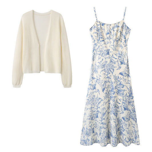 Vacation Floral Slip Dress Cardigan Two-piece Set