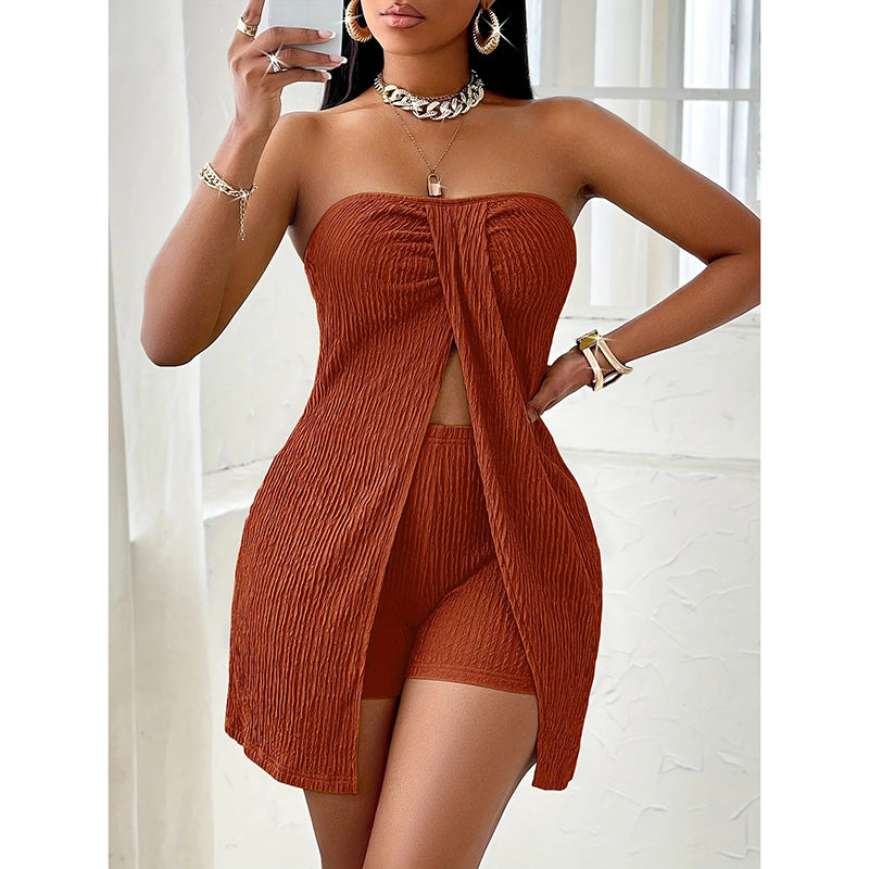 Women's 2 Piece Outfits Elegant Textured Strapless Ruched High Slit Tube Top And High Waist Skinny Shorts Shorts Set