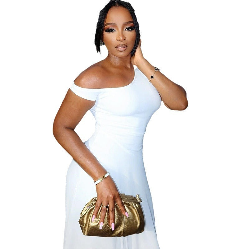 Fashion Solid Color Diagonal Collar Off Shoulder Sleeveless Irregular Dress