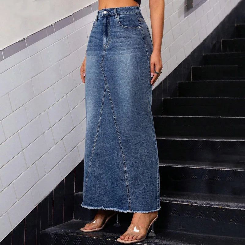 Benuynffy Vintage Hip Wrap Mermaid Hem Denim Skirt Women's 2025 Spring Summer High Waist Y2k Casual Raw Hem Jean Long Skirts