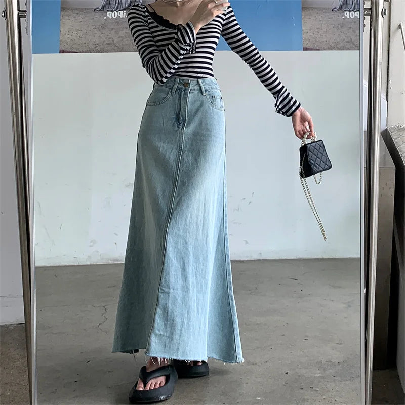 2025 Trend Women's Y2K Jeans Skirt - Light Blue High Waist Denim Maxi Skirt Retro Coquette Street Style