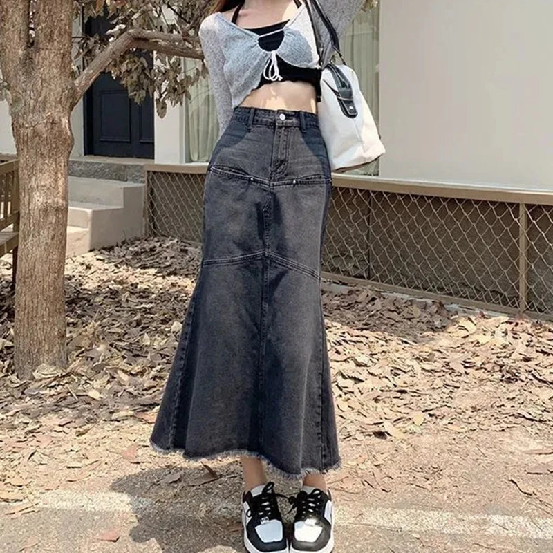 Vintage Women Denim Skirts Loose Casual High Waist Raw Edges Tassel Midi Skirt Korean Patchwork Button Elegant Mermaid Skirts